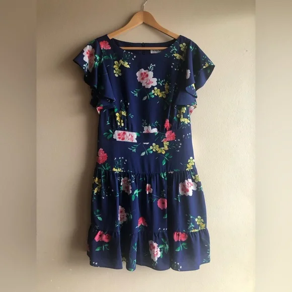 Eliza J Floral Print Flutter Sleeve Minidress in NVY at Nordstrom, Size 10